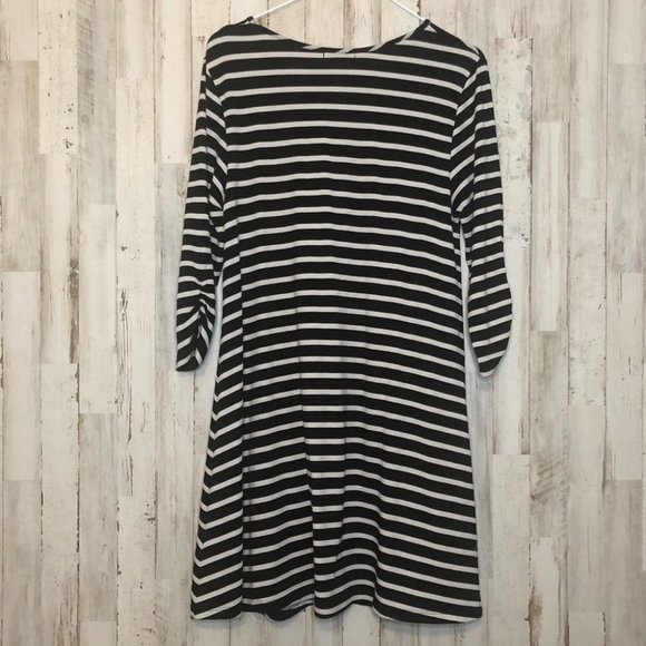 GARNET HILL 3/4 Ruched Sleeve Midi Striped Swing A Line Shirt Dress Small - Picture 7 of 7